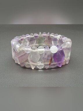 Fluorite Rounded & Diamond Shape Stretch Bracelet | Lavender Green Clear Crystal